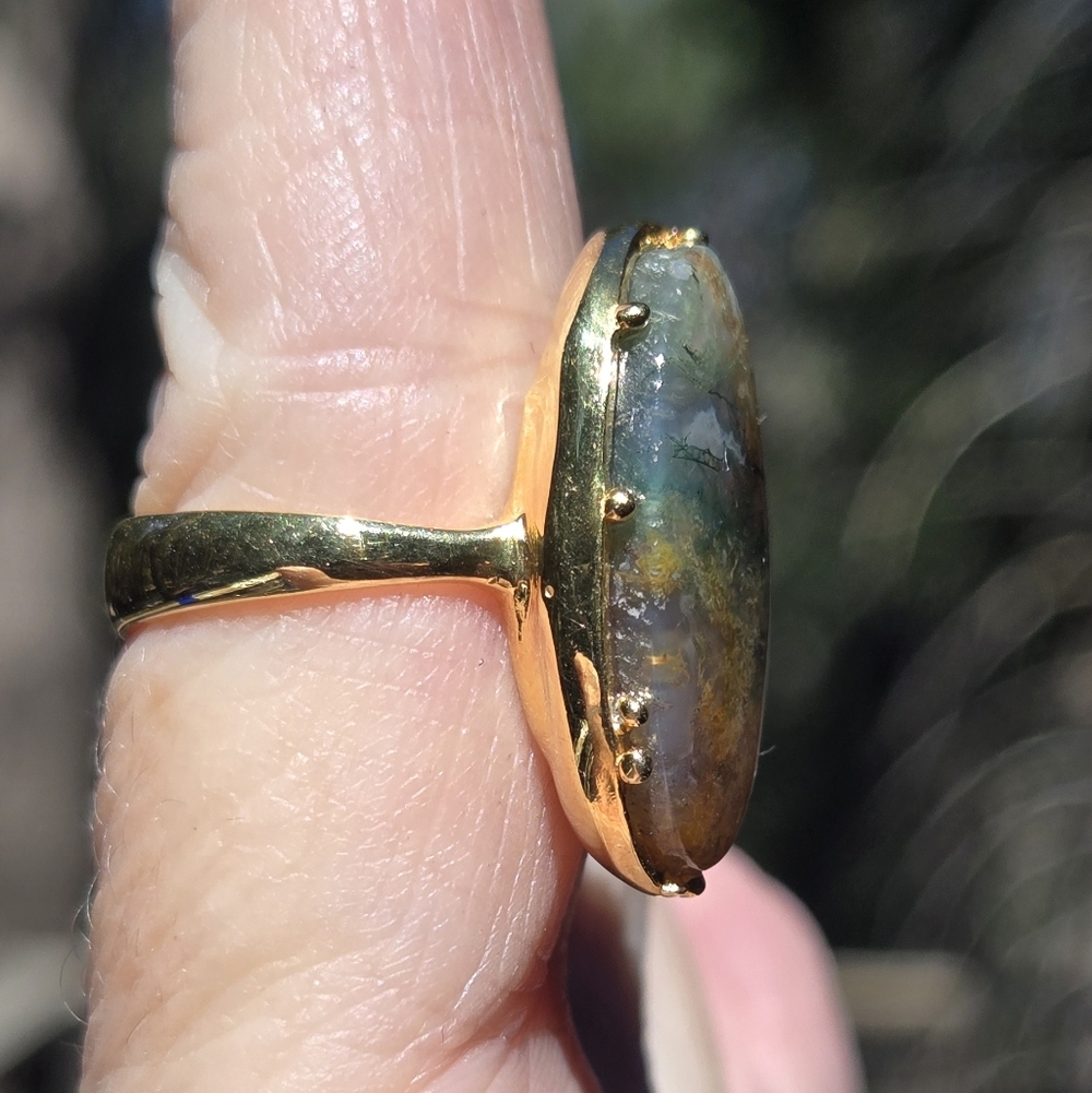 Moss Agate & Aquamarine Oval Sterling & Gold Statement Ring Sz7.5 - Picture 6 of 8